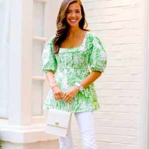 NWT Tuckernuck Green Garden Floral Nealy Corset Top Puff Sleeve size S